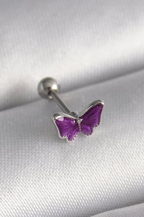 316L Çelik Gümüş Renk Mor Kelebek Model Tragus Piercing - Lisinya