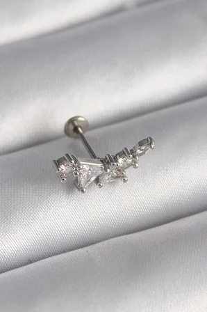 316L Çelik Gümüş Renk Zirkon Taşlı Tragus Piercing - Lisinya