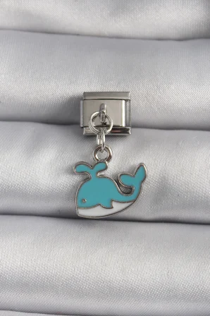 316L Çelik Gümüş Renk Sallantı Mavi Balina Model Nomination Charm - Lisinya