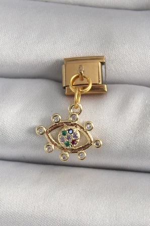 316L Çelik Gold Renk Sallantı Zirkon Taşlı Göz Model Nomination Charm - Lisinya