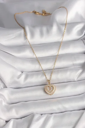 316L Çelik Gold Renk Zincir Zirkon Taşlı Kalp Model Kadın Kolye - Lisinya
