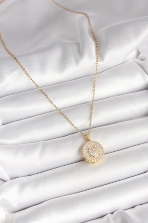 316L Çelik Gold Renk Zincir Madalyon Zirkon Taşlı Kalp Model Kadın Kolye - Lisinya