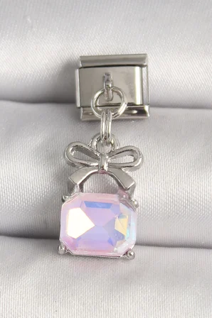 316L Çelik Gümüş Renk Pembe Zirkon Taşlı Çanta Model Nomination Charm - Lisinya