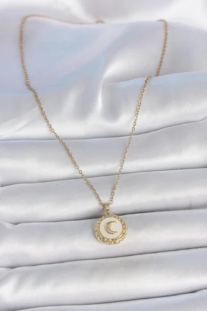 316L Çelik Gold Renk Zincir Beyaz Mineli Hilal İşlemeli Madalyon Model Kadın Kolye - Lisinya