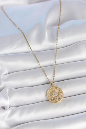 316L Çelik Gold Renk Zincr Mavi Taşlı Lotus Model Kadın Kolye - Lisinya