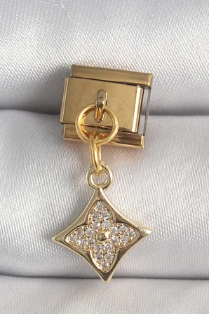 316L Çelik Gold Renk Sallantı Zirkon Taşlı Çiçek İşlemeli Nomination Charm - Lisinya