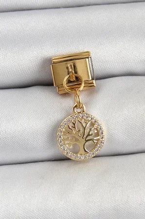 316L Çelik Sallantılı Zirkon Taşlı Hayat Ağacı Model Gold Renk Nomination Charm - Lisinya