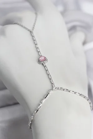 Gümüş Renk Pirinç Zirkon Taşlı Pembe Kalp Model Şahmeran - Lisinya