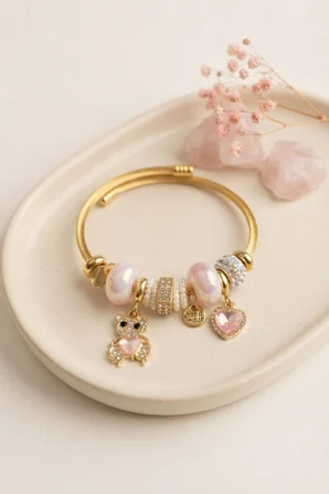 Tedy Bear Model Gold Renk Pembe Charmlı Bileklik - Lisinya