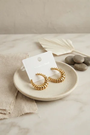 316L Çelik Gold Renk Tırtıklı Halka Model Küpe - Lisinya