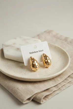 316L Çelik Gold Renk Taşlı Damla Model Küpe - Lisinya