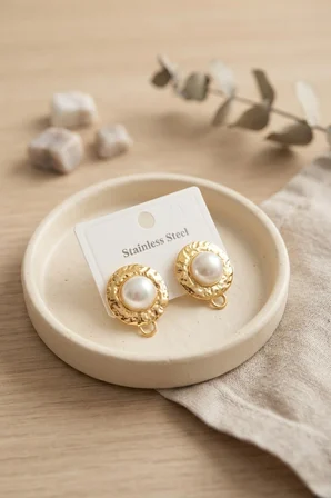 316L Çelik Gold Renk İncili Model Küpe - Lisinya
