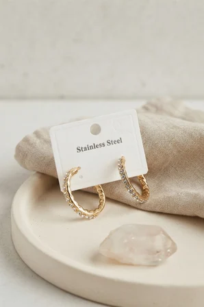 316L Çelik Gold Renk Zirkon Taşlı Halka Model Küpe - Lisinya