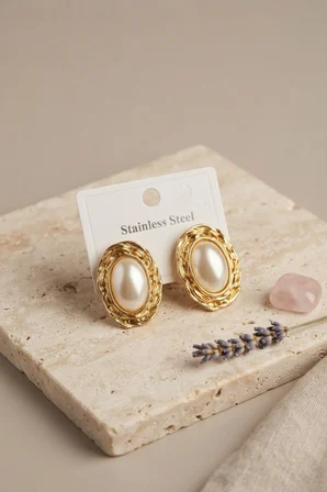 316L Gold Renk Gold Renk Vintage Beyaz İncili Model Küpe - Lisinya