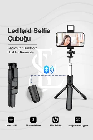 Led Işıklı Selfie Çubuğu Bluetooth Kumandalı Kablosuz Tripot Selfie Monopod Selfie Stick SİYAH ( Lis