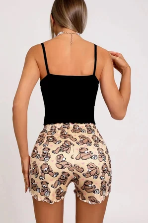 Renkli Ayıcık Desenli Askılı Şortlu Kadın Pijama Takımı