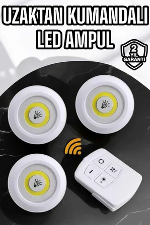 Spot Lamba Led Işık 3'lü Uzaktan Kumandalı Pilli Yapışkanlı Kablosuz - Lisinya