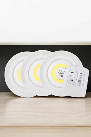 Spot Lamba Led Işık 3'lü Uzaktan Kumandalı Pilli Yapışkanlı Kablosuz - Lisinya