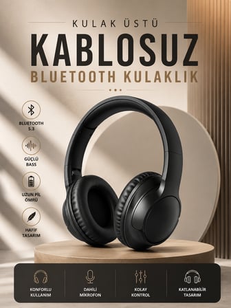 Kablosuz Bluetooth Kulaklık Kulak Üstü Mikrofonlu 5.0 Bluetooth ANC Özelliği - Lisinya