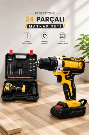 Metal Dişli 24W Akülü Matkap -Çift Bataryalı ve LED Çalışma Işığı ile Tam Set - Lisinya