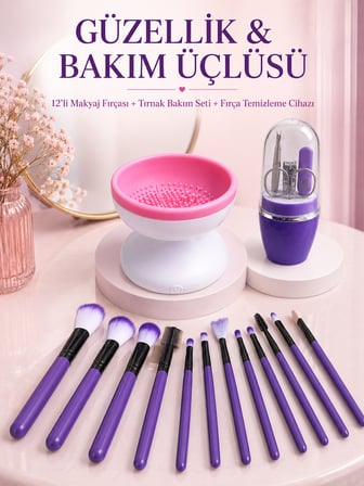 Kadın Güzellik Seti 12 Parça Makyaj Fırçası Fırça Yıkama Temizleme Cihazı Manikür Pedikür Tırnak Bak