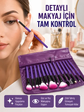 Fondöten, Allık ve Far Uygulamalarına Uygun 12 Parça Makyaj Fırça Takımı Ergonomik Saplı - Lisinya