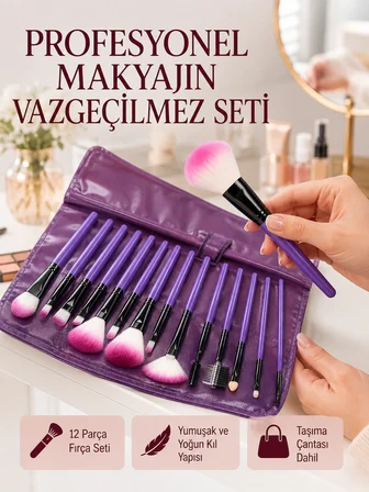Doğal Görünüm Sağlayan Yumuşak Kıllı 12 Parça Makyaj Fırça Seti Günlük ve Profesyonel Kullanıma Uygu