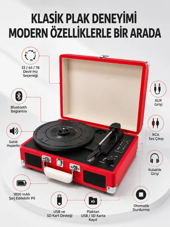 Şarj Edilebilir Taşınabilir Pikap 1800 mAh Dahili Pil Bluetooth ve Çoklu Bağlantı Seçenekli - Lisiny