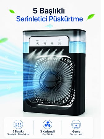 Püskürtmeli Masaüstü Fan 5 Başlıklı Serinletici, 600 ml Su Haznesi, 3 Kademe Fan, Type-C Bağlantı - 