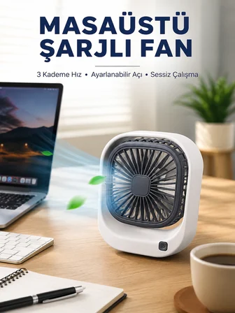 Taşınabilir Masaüstü Fan Ayarlanabilir Açılı Şarjlı Tasarım - Lisinya
