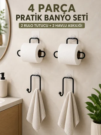 Pratik Banyo Düzenleme Seti 2 Adet Rulo Kağıt Tutucu 2 Adet Havlu Askılığı - Lisinya