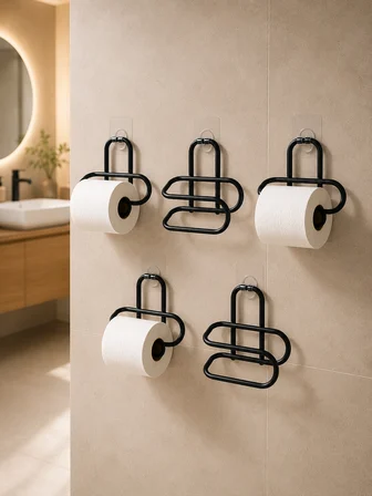 Siyah Metal Tuvalet Kağıdı Tutucu 5’li Set Yapışkanlı Duvar Tipi Banyo WC Askısı - Lisinya