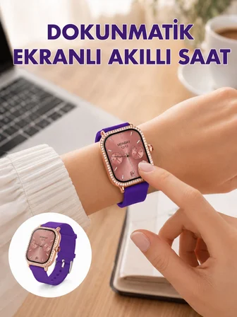 Pembe Mor ve Metal Kordonlu Akıllı Saat Hediye Seti - Lisinya