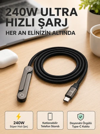 Örgülü 240W Type-C Katlanabilir Telefon Standlı Şarj Kablosu - Lisinya
