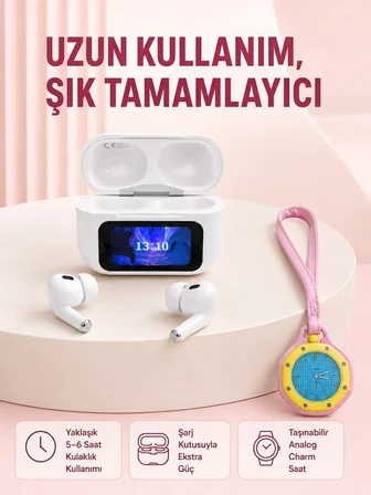 Ekranlı Kablosuz Kulaklık ve Pembe Çanta Charm Saat Kampanya Seti - Lisinya