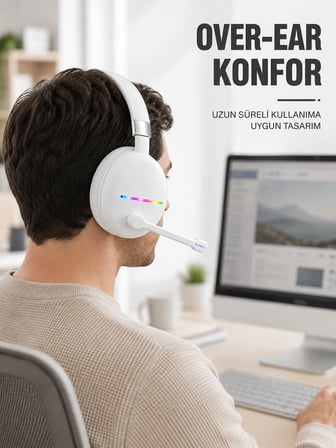 Beyaz Bluetooth 5.0 Mikrofonlu Kablosuz Kulak Üstü Kulaklık RGB Işıklı Type-C Şarjlı - Lisinya