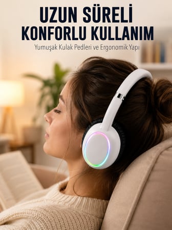 Beyaz Kablosuz Bluetooth Kulaklık Mikrofonlu Ergonomik Kulak Üstü Tasarım - Lisinya
