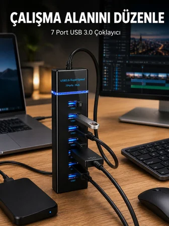 7 Girişli USB 3.0 Hub 5Gbps LED Göstergeli USB Çoğaltıcı - Lisinya