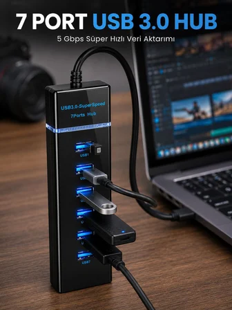 7 Port USB 3.0 Çoklayıcı Hub 5Gbps Veri Aktarım Adaptörü - Lisinya