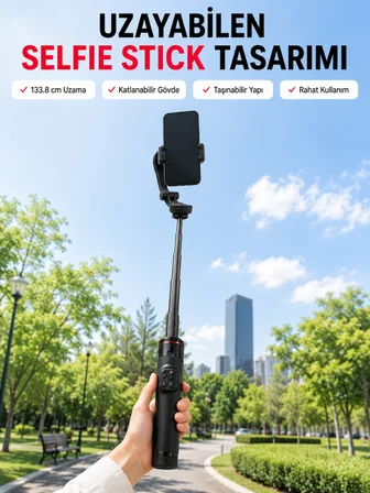 AI Takipli Gimbal Selfie Stick 360° Otomatik Yüz Takibi Bluetooth Kumandalı Uzayabilir Tripodlu Tele