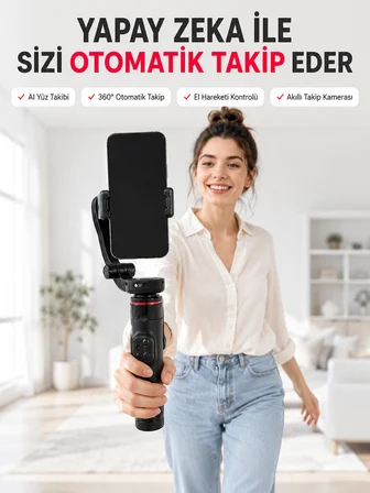 AI Yüz Takip Özellikli Gimbal Selfie Stick 360° Dönebilen Telefon Tutucu Uzayabilir Bluetooth Kumand