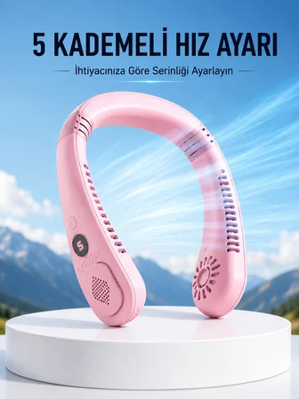 Pembe Taşınabilir Boyun Fanı Ergonomik Tasarım Çok Kademeli Hava Akışı - Lisinya
