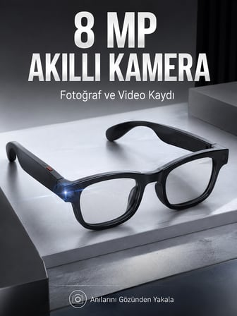 Siyah Bluetooth Akıllı Kamera Gözlüğü 8 MP Kameralı AI Çeviri Wi-Fi Fotoğraf Video Müzik Arama ve Do