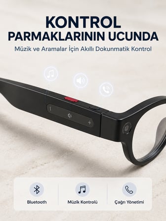 Siyah Kameralı Akıllı Gözlük AI Görüntü Tanıma Bluetooth Müzik Telefon Görüşme Dokunmatik Kontrollü 