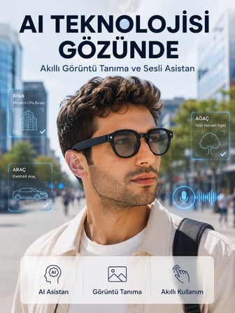 Siyah 3 Lensli Akıllı Kamera Gözlüğü Bluetooth Görüşme Müzik Kontrolü AI Sesli Asistan ve Görüntü Ta