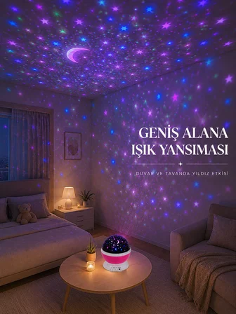 Yıldızlı Gökyüzü Projektörü Pembe Renkli Döner Çocuk Odası Gece Lambası - Lisinya