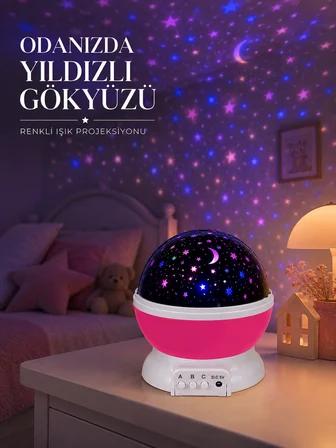 Pembe Döner Yıldız Projektörü USB ve Pilli Kullanımlı Gece Lambası - Lisinya