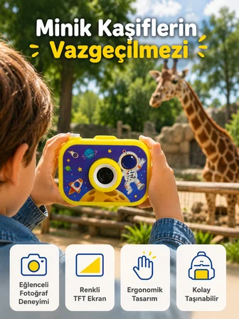 Çocuk Dijital Kamera HD Fotoğraf ve Video Çekimi 2.0 İnç TFT Ekran Type-C Şarjlı Mini Tripodlu - Lis