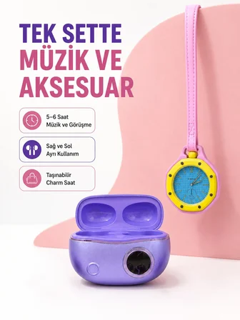 Kablosuz Kulaklık ve Pembe Çanta Charm Saat İkili Kampanya Seti Şarj Kutulu Taşınabilir Tasarım - Li