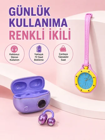 Şarj Kutulu Kablosuz Kulaklık ve Pembe Çanta Charm Analog Saat Seti Müzik ve Aksesuar Bir Arada - Li